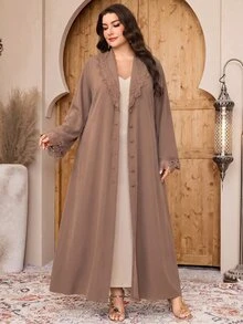 Al Najma 大尺碼女款蕾絲拼接休閒 Ninang 穆斯林長袍，端莊派對婚禮早晨禮拜初次領聖體旅行穿搭，棕色秋季款 - 駝色 - 查看 9