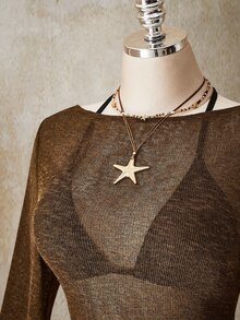 SHEIN ICON 大尺碼復古優雅性感 Y2K 都市現代波希米亞風海灘度假棕色輕盈透視針織喇叭袖露背修身洋裝 秋季 - 棕色 - 查看 6