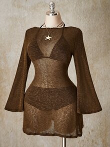 SHEIN ICON 大尺碼復古優雅性感 Y2K 都市現代波希米亞風海灘度假棕色輕盈透視針織喇叭袖露背修身洋裝 秋季 - 棕色 - 查看 7