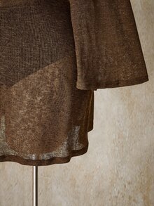 SHEIN ICON 大尺碼復古優雅性感 Y2K 都市現代波希米亞風海灘度假棕色輕盈透視針織喇叭袖露背修身洋裝 秋季 - 棕色 - 查看 8