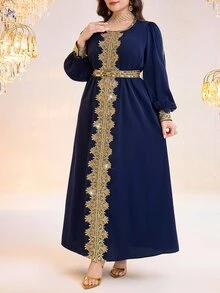 Al Najma Plus Size Elegant Modest Hawaiian Cultural Chinese Patchwork Water-Soluble Lace Lantern Sleeve Dress Wedding Confirmation Night Navy Blue Summer - Navy Blue - View 7