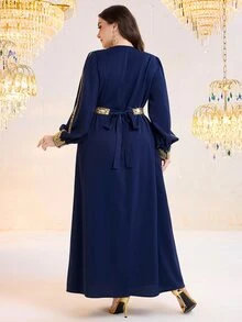 Al Najma Plus Size Elegant Modest Hawaiian Cultural Chinese Patchwork Water-Soluble Lace Lantern Sleeve Dress Wedding Confirmation Night Navy Blue Summer - Navy Blue - View 3
