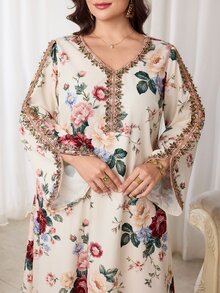 Al Najma 大尺碼女款 V 領花卉印花休閒端莊夏威夷風洋裝，適合派對、婚禮、洗禮賓客、泰國度假，阿拉伯風米色秋季洋裝 - 彩色 - 查看 3