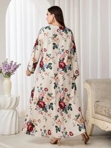 Al Najma 大尺碼女款 V 領花卉印花休閒端莊夏威夷風洋裝，適合派對、婚禮、洗禮賓客、泰國度假，阿拉伯風米色秋季洋裝 - 彩色 - 查看 2
