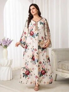 Al Najma 大尺碼女款 V 領花卉印花休閒端莊夏威夷風洋裝，適合派對、婚禮、洗禮賓客、泰國度假，阿拉伯風米色秋季洋裝 - 彩色 - 查看 7