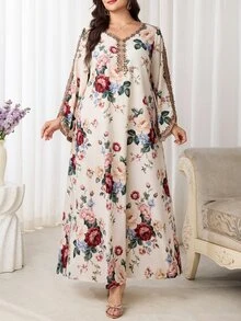 Al Najma 大尺碼女款 V 領花卉印花休閒端莊夏威夷風洋裝，適合派對、婚禮、洗禮賓客、泰國度假，阿拉伯風米色秋季洋裝 - 彩色 - 查看 8