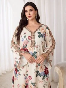 Al Najma 大尺碼女款 V 領花卉印花休閒端莊夏威夷風洋裝，適合派對、婚禮、洗禮賓客、泰國度假，阿拉伯風米色秋季洋裝 - 彩色 - 查看 4