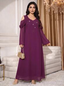 Al Najma Plus Size Women's Elegant Casual Modest Rhinestone Cold Shoulder Arabian Dress Wedding Christening Guest Formal Party Purple Summer - Red Violet - View 4