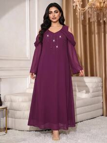 Al Najma Plus Size Women's Elegant Casual Modest Rhinestone Cold Shoulder Arabian Dress Wedding Christening Guest Formal Party Purple Summer - Red Violet - View 6