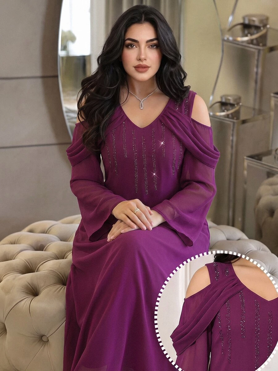 Al Najma Plus Size Women's Elegant Casual Modest Rhinestone Cold Shoulder Arabian Dress Wedding Christening Guest Formal Party Purple Summer - Red Violet - View 1