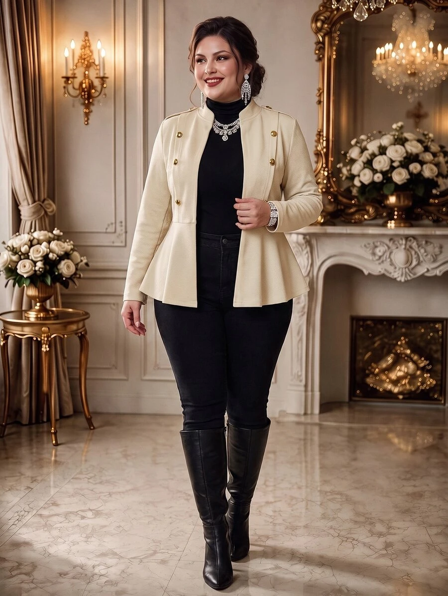 Rometta Women's Plus Size Fall/ Casual Smart Dressy Elegant Commute Office Party Formal Stand Collar Shoulder Epaulette Beige Button Ruffle Hem Jacket - Apricot - View 1