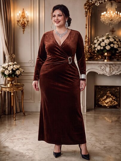 DreamSkyne Plus Size Women's Solid Color Elegant Fashion V-Neck Metal Buckle Design Knitted Velvet Fitted Dress, Twist Knot Slit Design Suitable For Date, Party, Valentine's Day, Wedding, Christmas And More