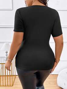 Rometta Plus Size Sexy V-Neck See Through Design Elegant & Romantic Slim-Fit Short Sleeve T-Shirt - Black - View 2