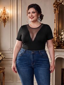 Rometta Plus Size Sexy V-Neck See Through Design Elegant & Romantic Slim-Fit Short Sleeve T-Shirt - Black - View 1