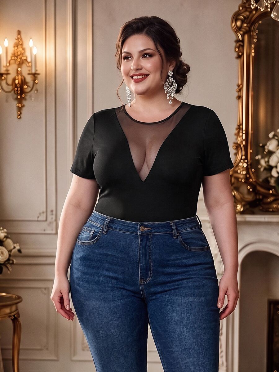Rometta Plus Size Sexy V-Neck See Through Design Elegant & Romantic Slim-Fit Short Sleeve T-Shirt - Black - View 1