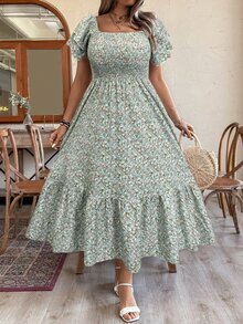 DreamSkyne Plus Size Ditsy Floral Ruffle Trim Short Sleeve Shirred Dress, For Christmas Maxi Women Outfit - Green - View 7