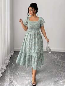 DreamSkyne Plus Size Ditsy Floral Ruffle Trim Short Sleeve Shirred Dress, For Christmas Maxi Women Outfit - Green - View 2