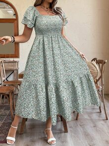 DreamSkyne Plus Size Ditsy Floral Ruffle Trim Short Sleeve Shirred Dress, For Christmas Maxi Women Outfit - Green - View 8