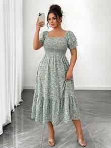 DreamSkyne Plus Size Ditsy Floral Ruffle Trim Short Sleeve Shirred Dress, For Christmas Maxi Women Outfit - Green - View 4