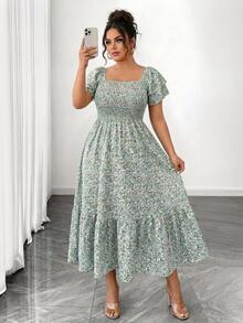 DreamSkyne Plus Size Ditsy Floral Ruffle Trim Short Sleeve Shirred Dress, For Christmas Maxi Women Outfit - Green - View 3