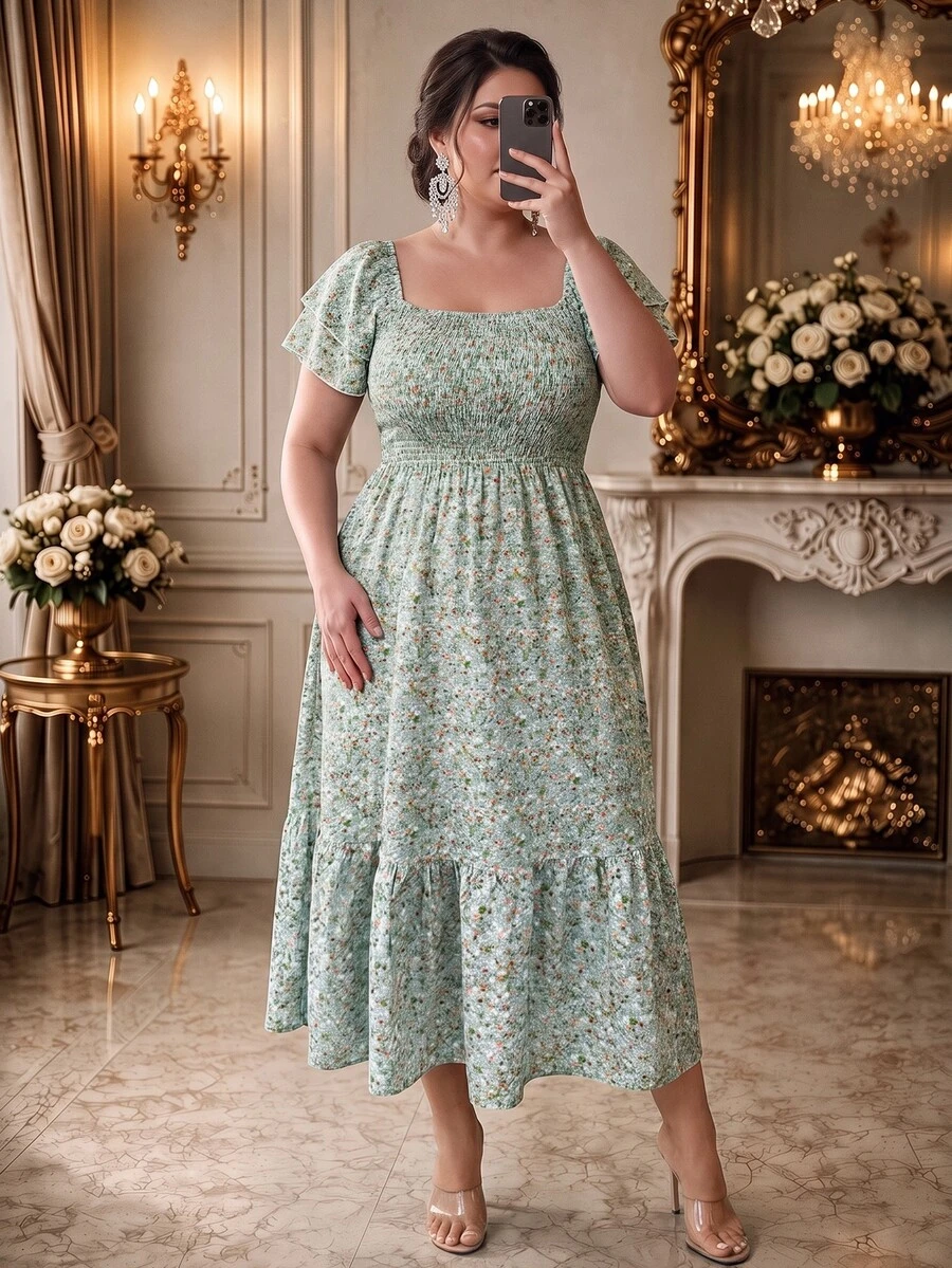 DreamSkyne Plus Size Ditsy Floral Ruffle Trim Short Sleeve Shirred Dress, For Christmas Maxi Women Outfit - Green - View 1