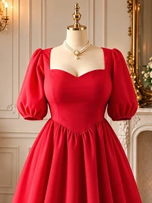 Rometta Plus Size Women Solid Color Sweetheart Neckline Short Petal Sleeve Elegant Dress - Red - View 4