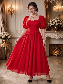 Rometta Plus Size Women Solid Color Sweetheart Neckline Short Petal Sleeve Elegant Dress - Red - View 1