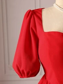 Rometta Plus Size Women Solid Color Sweetheart Neckline Short Petal Sleeve Elegant Dress - Red - View 6