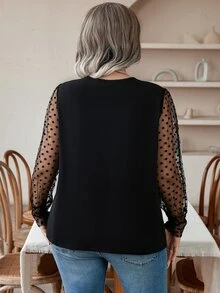 Rometta Plus Contrast Polka Dot Mesh Lantern Sleeve Top Fall Cloth For Women - Black - View 2