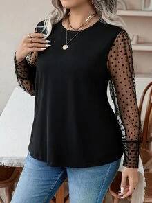 Rometta Plus Contrast Polka Dot Mesh Lantern Sleeve Top Fall Cloth For Women - Black - View 4