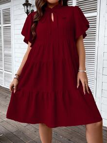 Rometta Plus Size Summer Casual Tie Neck Textured Ruffle Hem Midi Dress, For Christmas Burgundy Color Women Outfit - Burgundy - View 7