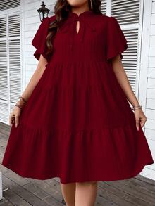 Rometta Plus Size Summer Casual Tie Neck Textured Ruffle Hem Midi Dress, For Christmas Burgundy Color Women Outfit - Burgundy - View 3