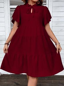 Rometta Plus Size Summer Casual Tie Neck Textured Ruffle Hem Midi Dress, For Christmas Burgundy Color Women Outfit - Burgundy - View 5