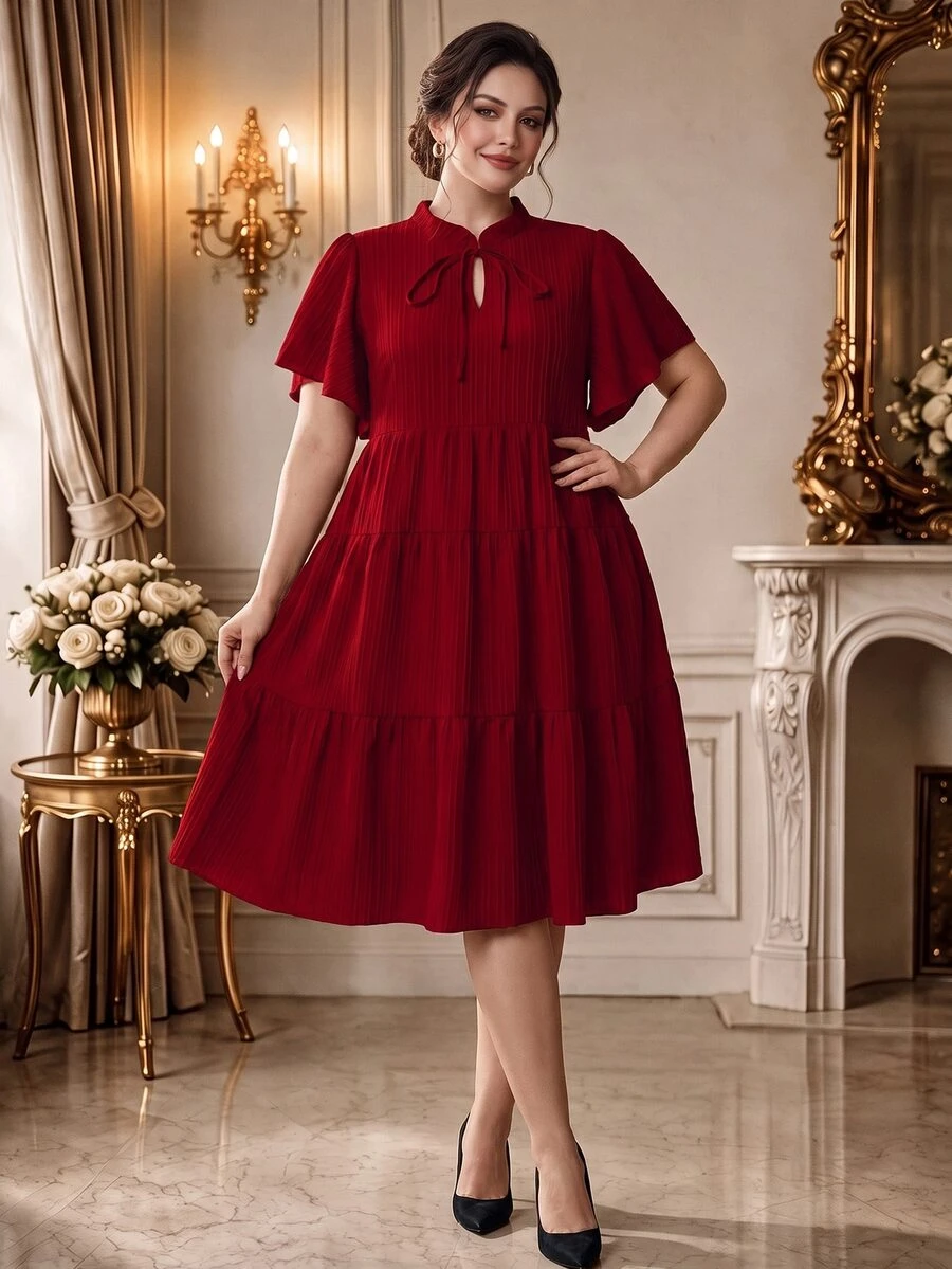 Rometta Plus Size Summer Casual Tie Neck Textured Ruffle Hem Midi Dress, For Christmas Burgundy Color Women Outfit - Burgundy - View 1