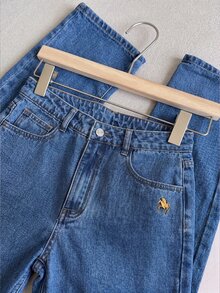 Mori Grove Mori Grove Women's Fashion Embroidered Logo Washed Denim Straight Leg Pants - Medium Wash - View 3