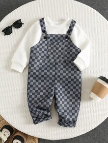 SHEIN 中性新生兒嬰兒男/女童、幼兒、秋冬可愛格紋連身褲、嬰兒冬季連身褲/連身衣、街頭風 - 黑色 - 查看 6