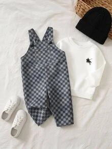 SHEIN 中性新生兒嬰兒男/女童、幼兒、秋冬可愛格紋連身褲、嬰兒冬季連身褲/連身衣、街頭風 - 黑色 - 查看 8