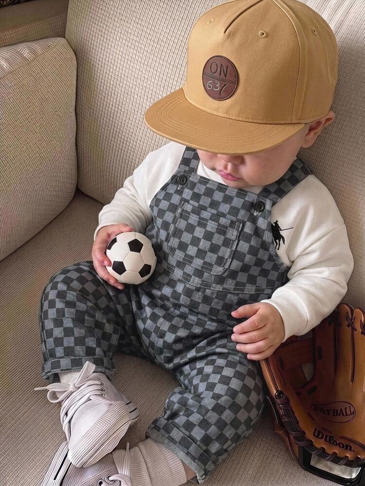 SHEIN Unisex Newborn Baby Boy/Girl,Toddler,Autumn/Winter Cute Checkered Overall,Baby Winter Overall/Jumpsuit,Streetwear - Black - View 1