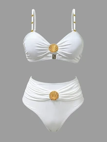 Bonvoyette Women's 3 Pieces Bikini Set With Shell Decoration, Elegant Vacation Bikini Set With Cover-Up - White - View 5
