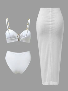 Bonvoyette Women's 3 Pieces Bikini Set With Shell Decoration, Elegant Vacation Bikini Set With Cover-Up - White - View 3