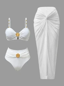 Bonvoyette Women's 3 Pieces Bikini Set With Shell Decoration, Elegant Vacation Bikini Set With Cover-Up - White - View 4