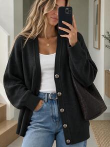 EURMUSE Women's Solid Color Button Front Cardigan With Drop Shoulder - Black - View 1