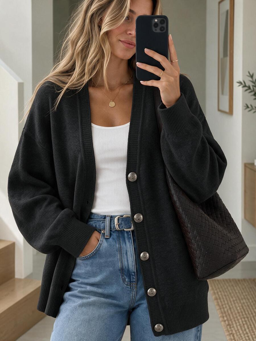 EURMUSE Women's Solid Color Button Front Cardigan With Drop Shoulder - Black - View 1