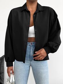 EURMUSE Cotton Solid Button Front Drop Shoulder Shirt - Black - View 5