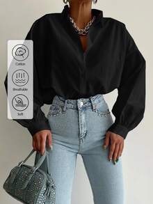 EURMUSE Cotton Solid Button Front Drop Shoulder Shirt - Black - View 3