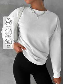 EURMUSE Cotton Solid Drop Shoulder Sweatshirt - White - View 3