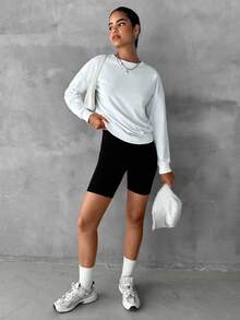 EURMUSE Cotton Solid Drop Shoulder Sweatshirt - White - View 5