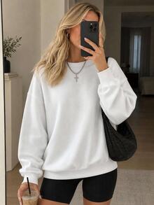 EURMUSE Cotton Solid Drop Shoulder Sweatshirt - White - View 1