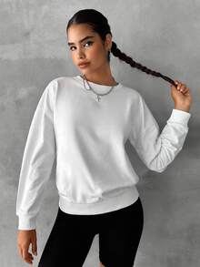 EURMUSE Cotton Solid Drop Shoulder Sweatshirt - White - View 4