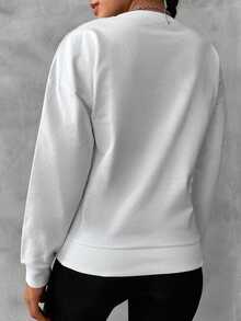EURMUSE Cotton Solid Drop Shoulder Sweatshirt - White - View 2
